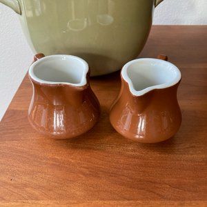 Vintage HALL Pottery Mini Creamer Individual Brown Creamer Pitcher USA Set of 2